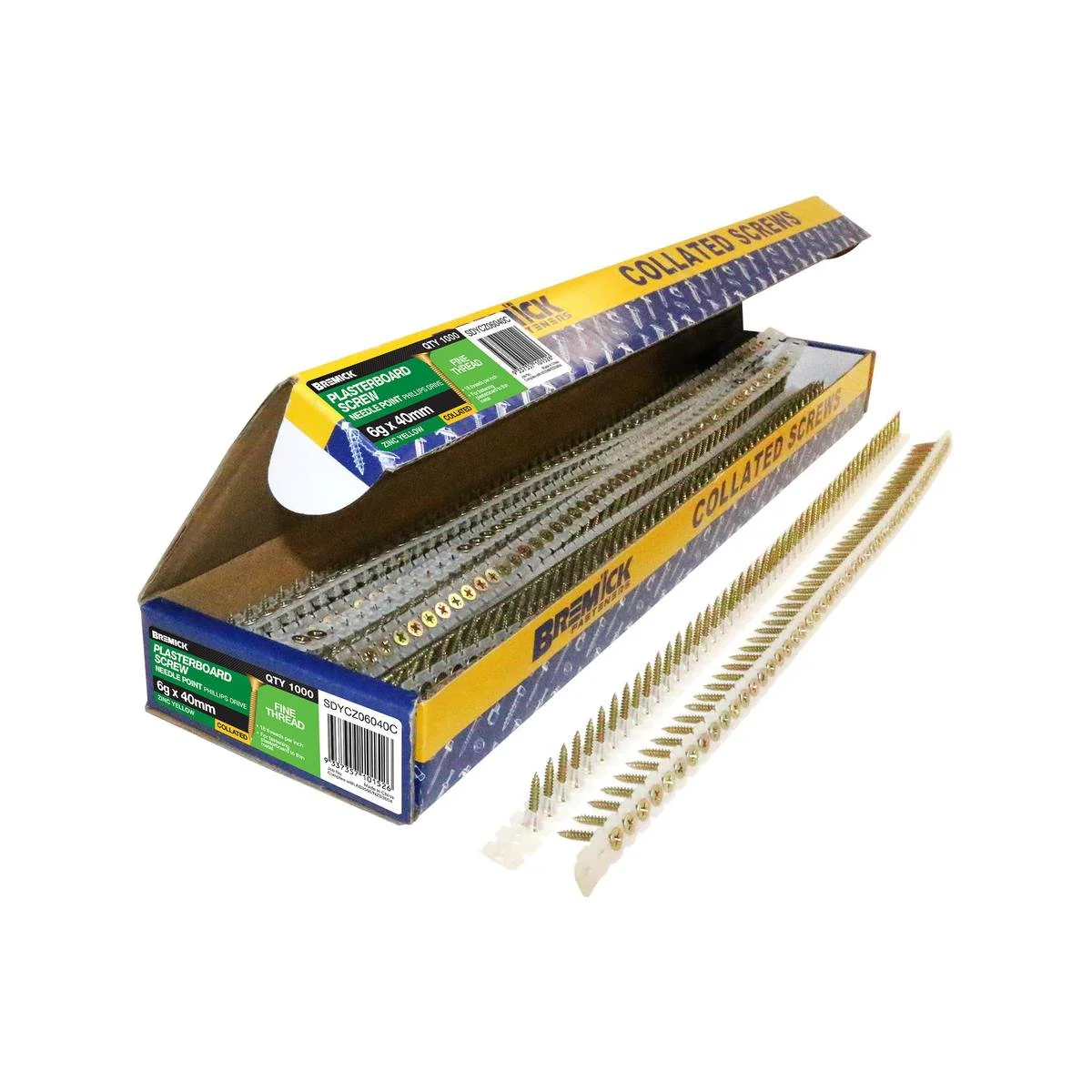 Bremick 6g x 40mm Zinc Yellow Fine Collated Screws - 1000 Pack - Fastening Plasterboard