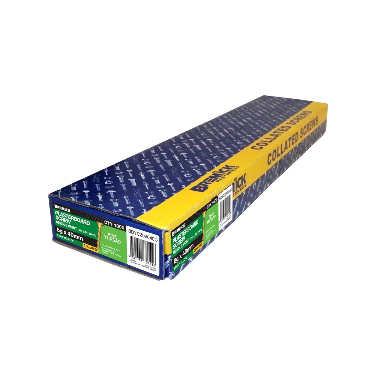 Bremick 6g x 40mm Zinc Yellow Fine Collated Screws - 1000 Pack - Fastening Plasterboard - Image 2