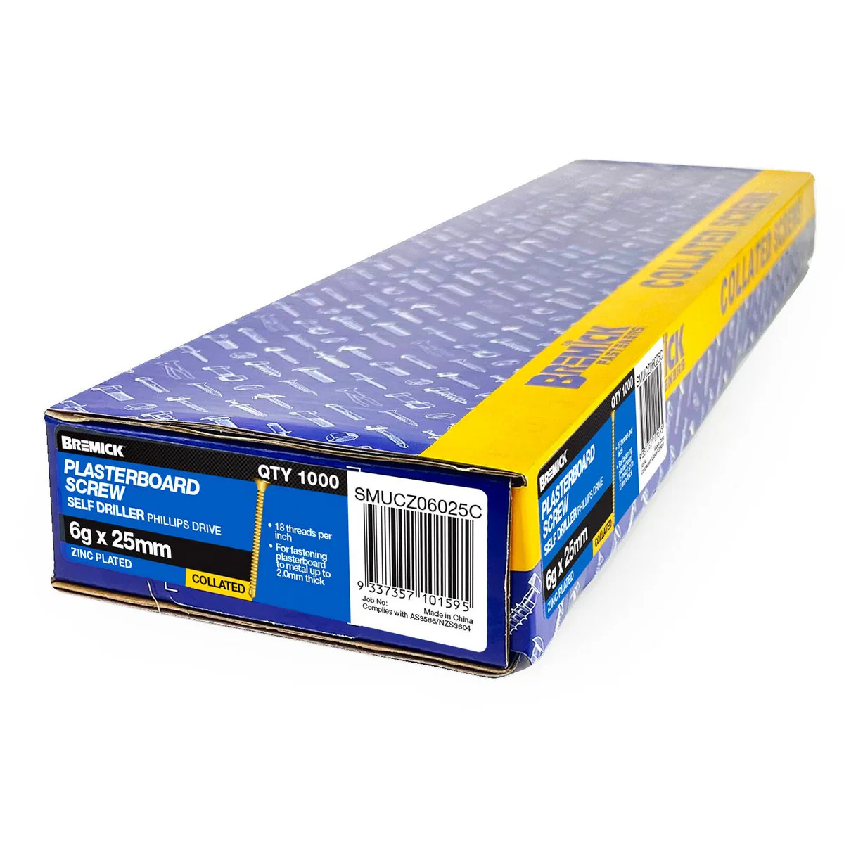 Bremick Collated Screw 6g x 25mm Zinc Yellow Plasterboard Screw - 1000 Pack - Metal Drill Point - Bugle Head - Fine Thread