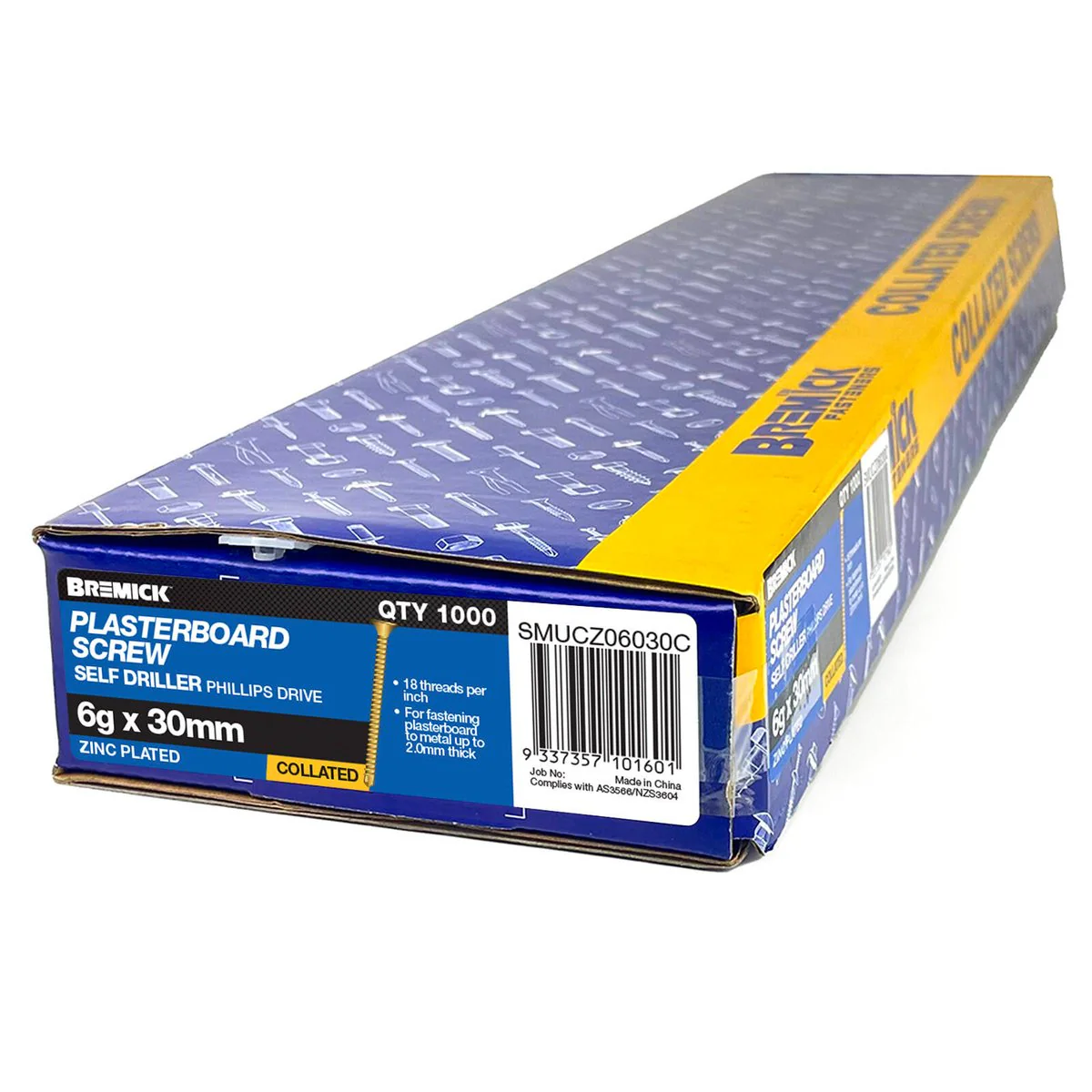 Bremick Collated Screw 6g x 30mm Zinc Yellow - 1000 Pack - Metal Drill Point