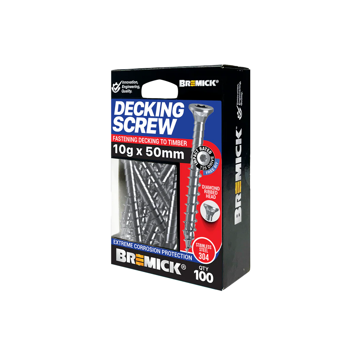 Bremick Decking Screw 10g x 50mm - Spiral Rib T25 - Stainless Steel 304 - 100 Pack