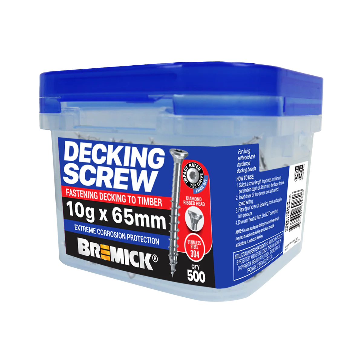 Bremick Decking Screw 10g x 65mm - Spiral Rib T25 - Stainless Steel 304 - 500 Pack
