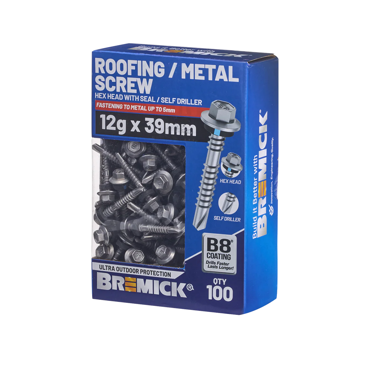 Bremick Hex Roofing Screw 12g x 39mm - B8 - Pack of 100 - Corrosion Resistant