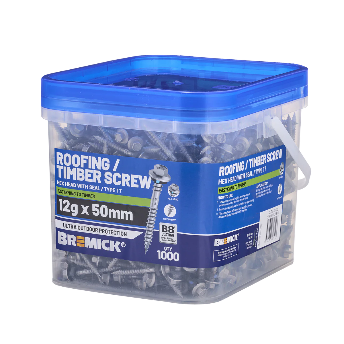 Bremick Hex Roofing Screw - 12g x 50mm - 1000 Box - Watertight Seal - Corrosion Resistant
