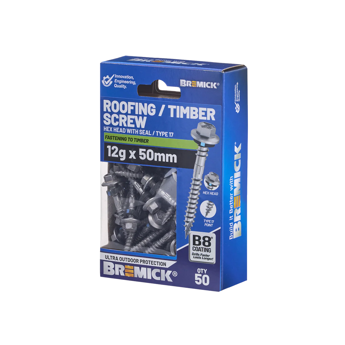 Bremick Hex Roofing Screw 12g x 50mm - B8 Coating - Pack of 50 - Watertight Connection