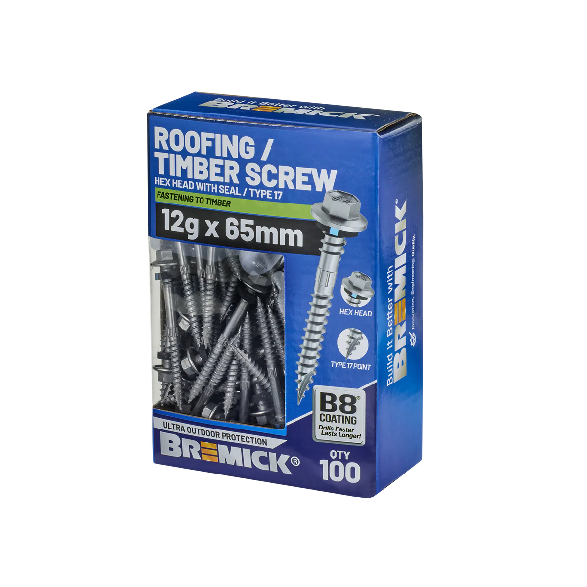 Bremick Hex Roofing Screw 12g x 65mm - B8 - Pack of 100 - Corrosion Resistant