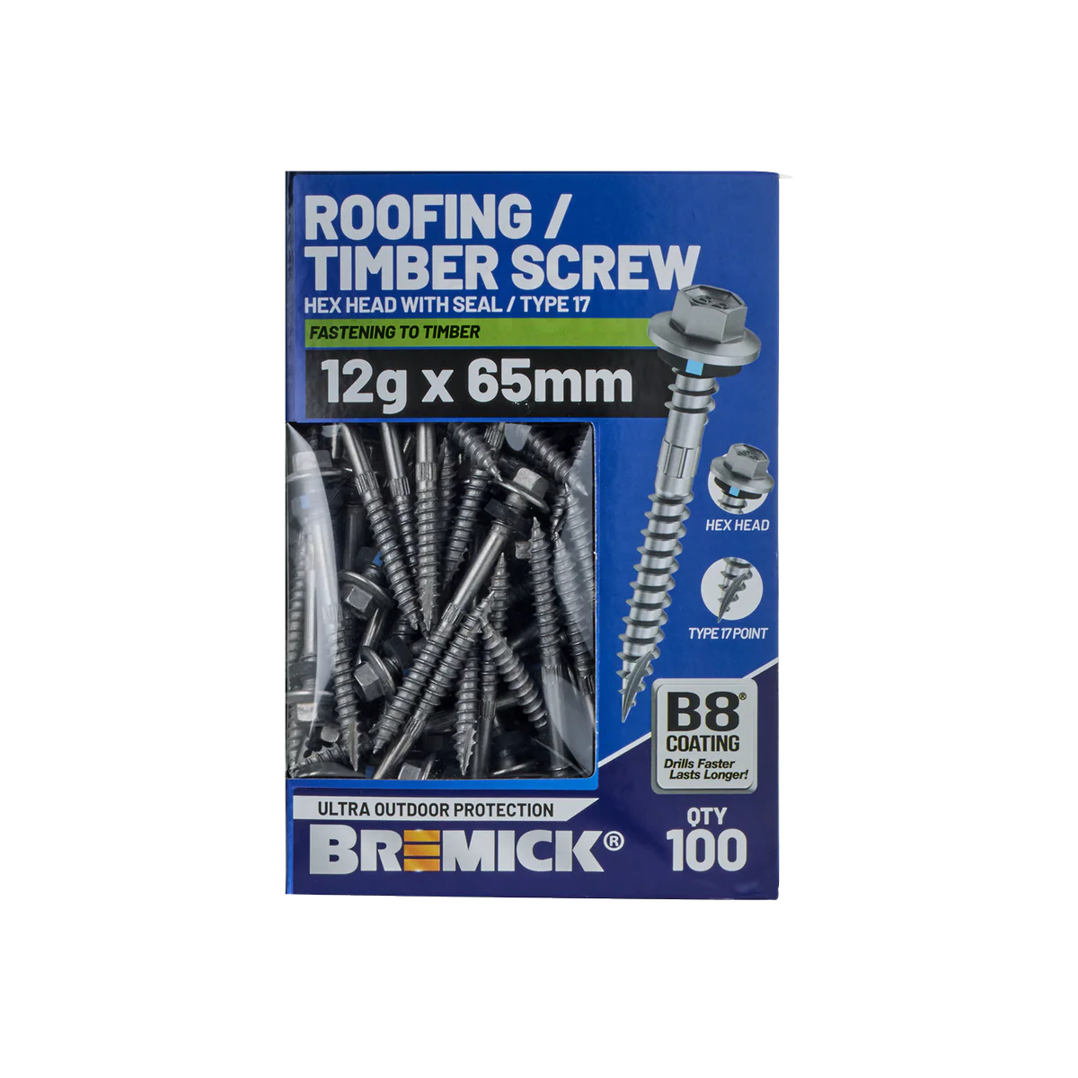 Bremick Hex Roofing Screw 12g x 65mm - B8 - Pack of 100 - Corrosion Resistant - Image 2