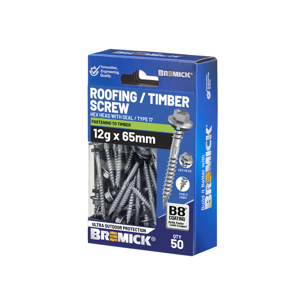 Bremick Hex Roofing Screw 12g x 65mm B8 - Pack of 50 - Watertight Seal