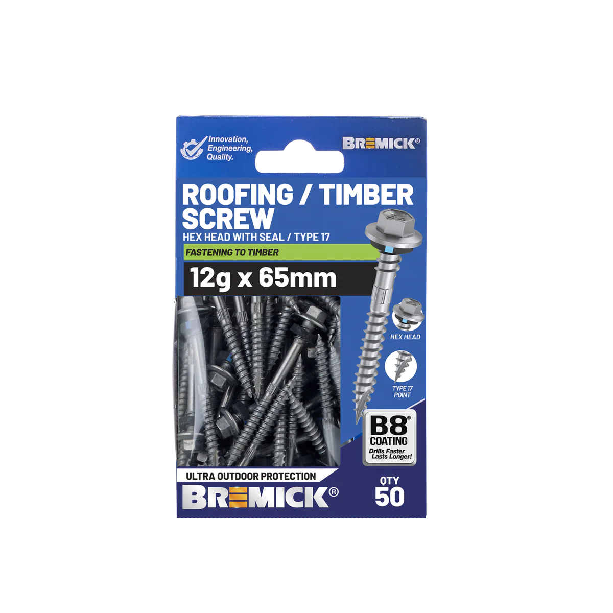 Bremick Hex Roofing Screw 12g x 65mm B8 - Pack of 50 - Watertight Seal - Image 2