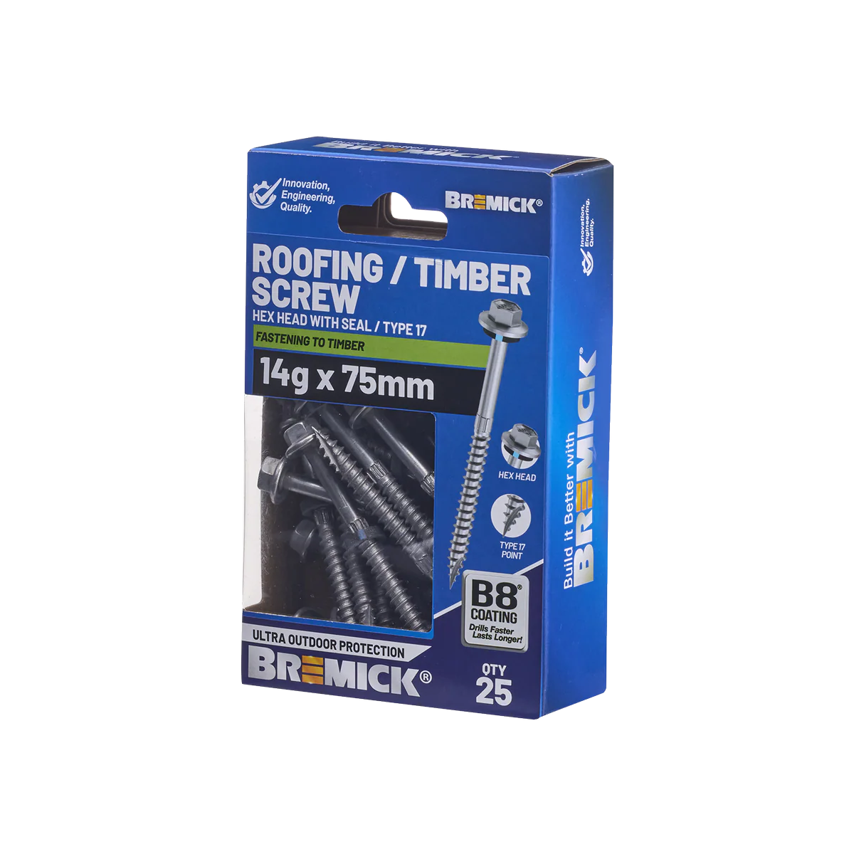 Bremick Hex Timber Screw 14g x 75mm - B8 Coating - Box of 25 - Corrosion Resistant