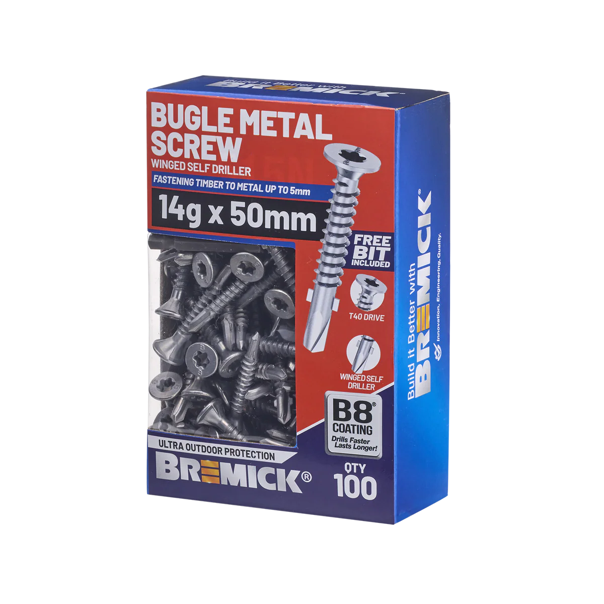 Bremick Metal Bugle Screw 14g x 50mm T40 B8 - Box of 100 - Corrosion Resistant
