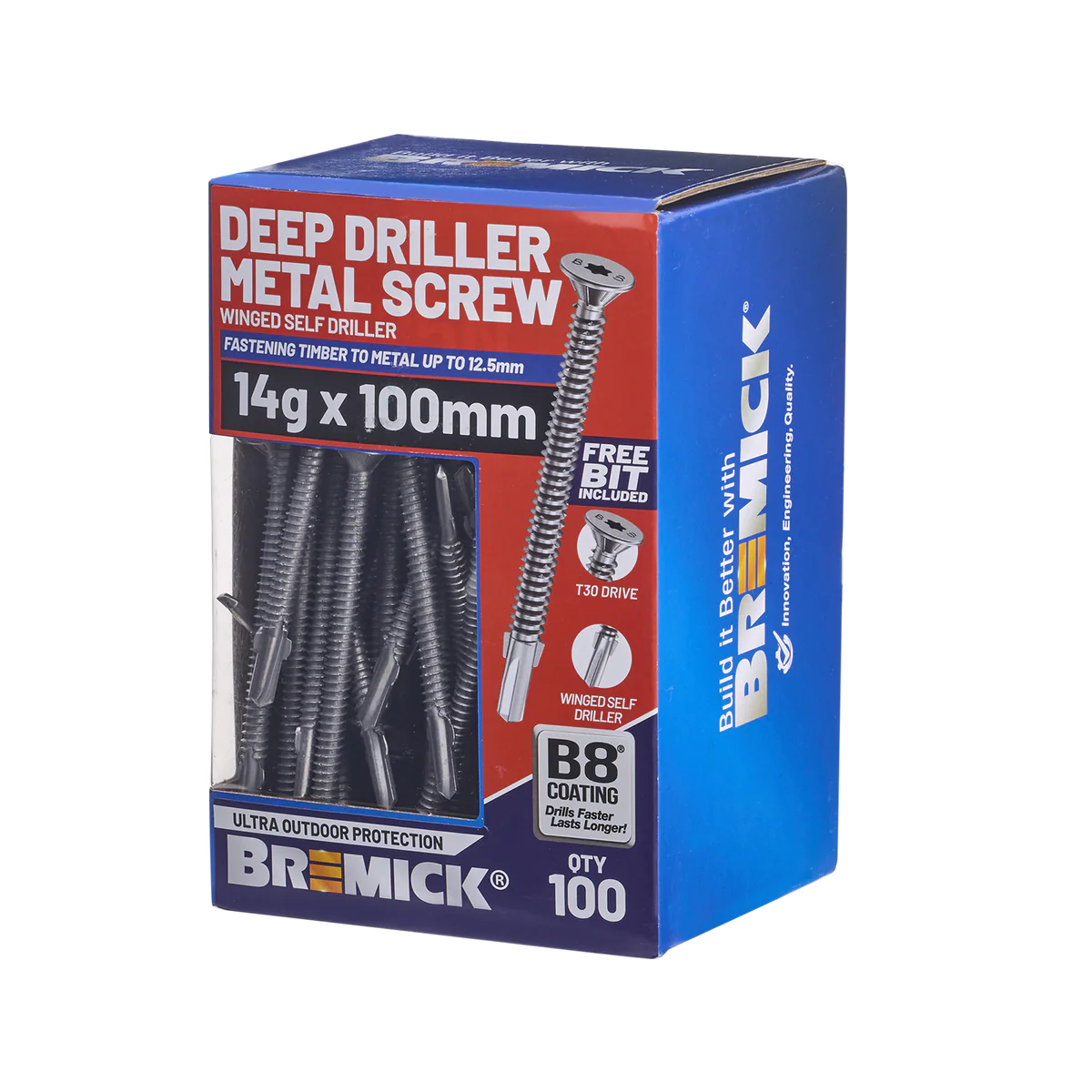 Bremick Metal Deep Driller Screw 14g x 100mm T30 B8 - Box of 100 - Durable Fastening
