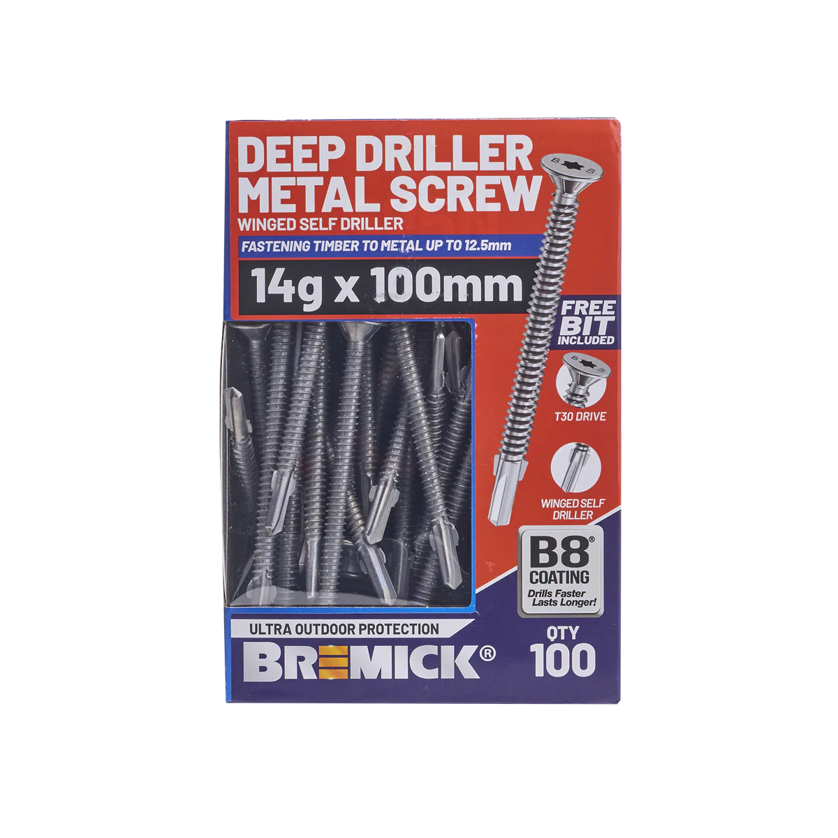 Bremick Metal Deep Driller Screw 14g x 100mm T30 B8 - Box of 100 - Durable Fastening - Image 2
