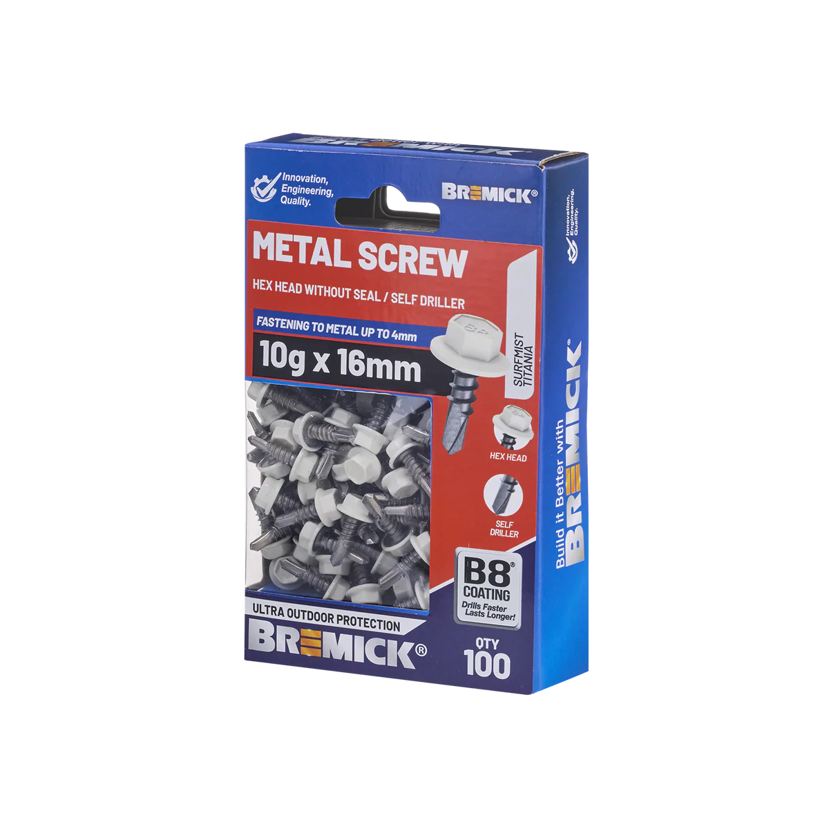 Bremick Metal Hex Screw 10g x 16mm - B8 Coating - Pack of 100 - Corrosion Resistant