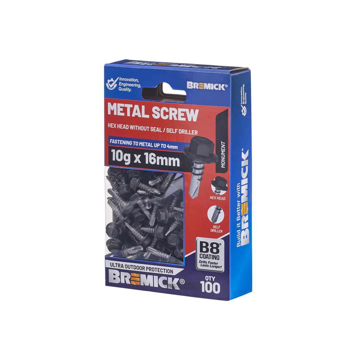Bremick MO Metal Hex Screw - 10g x 16mm - B8 Coating - 100 Pack - Corrosion Resistant