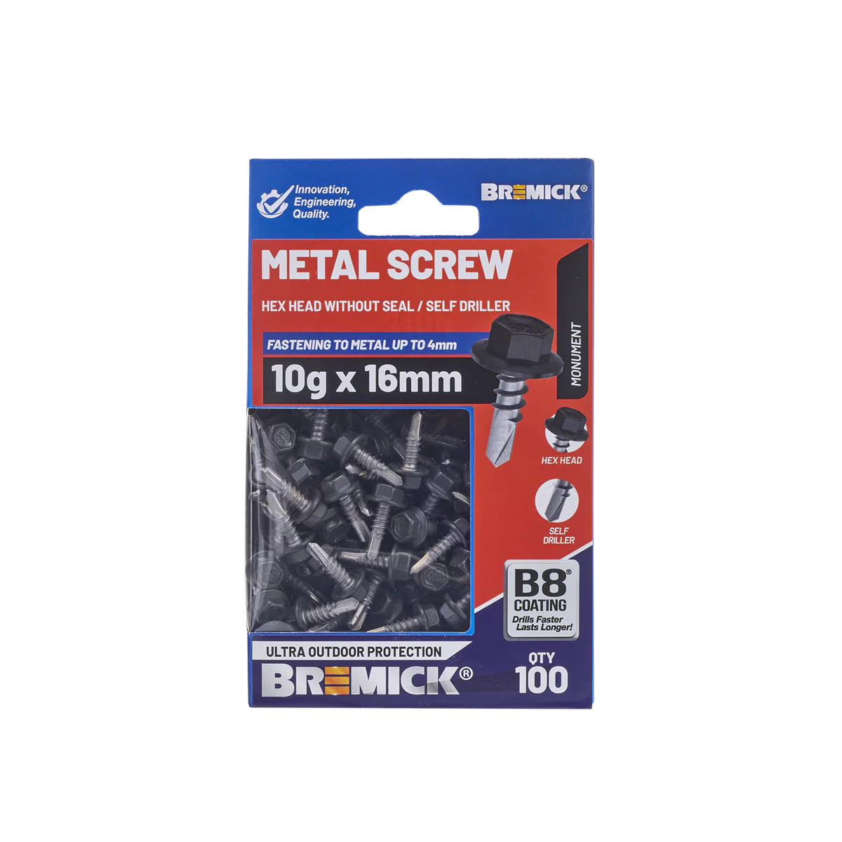 Bremick MO Metal Hex Screw - 10g x 16mm - B8 Coating - 100 Pack - Corrosion Resistant - Image 2