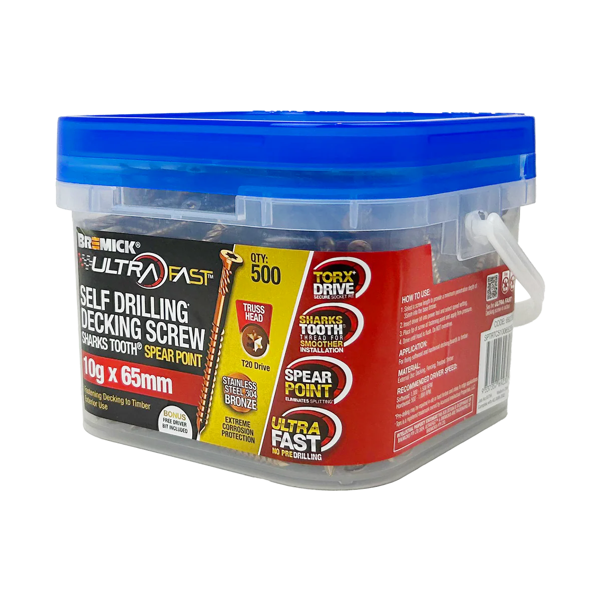 Bremick Ultrafast Decking Screws - 10g x 65mm - Stainless Steel 304 - 500 Pack - T20 Truss Head - Smooth Installation