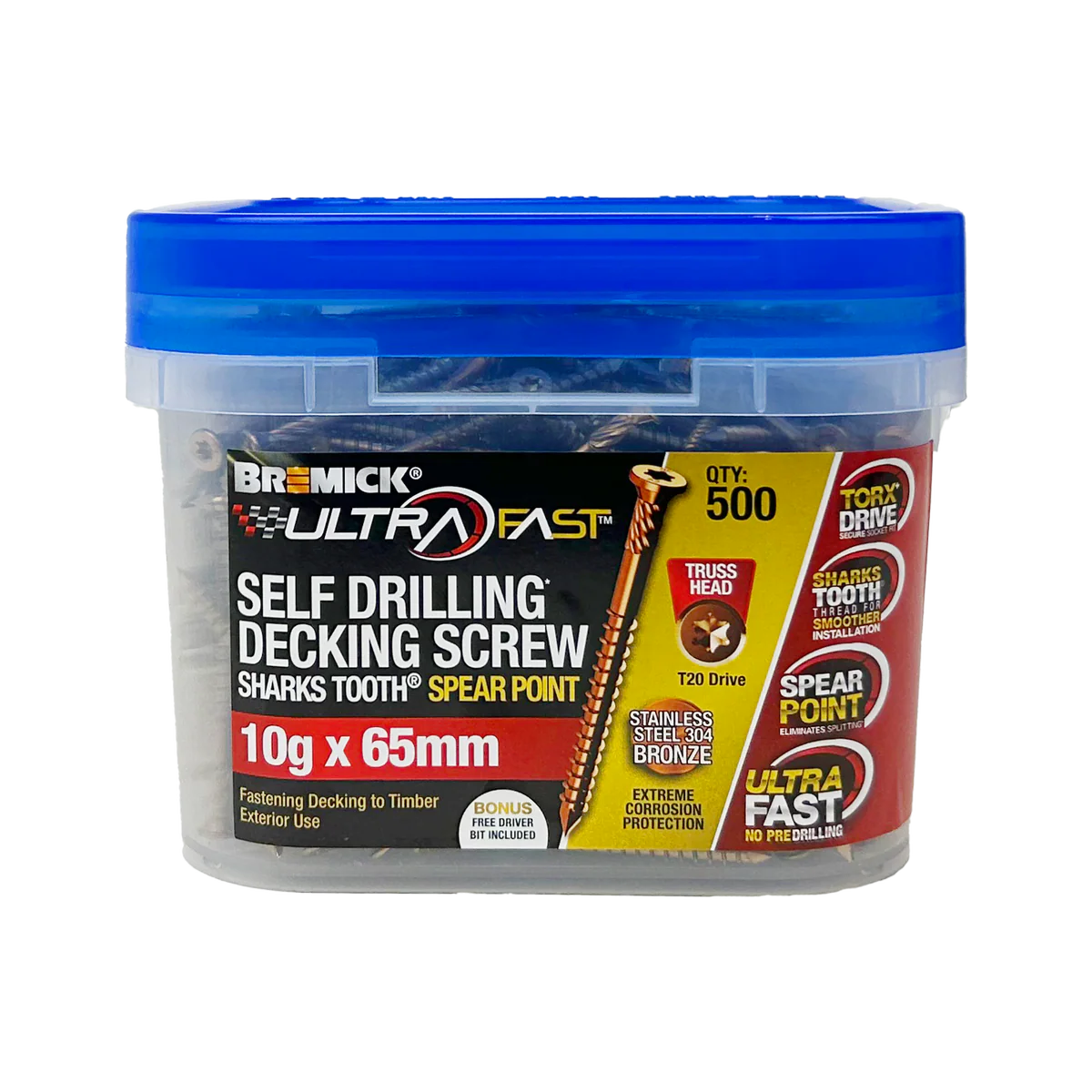 Bremick Ultrafast Decking Screws - 10g x 65mm - Stainless Steel 304 - 500 Pack - T20 Truss Head - Smooth Installation - Image 2