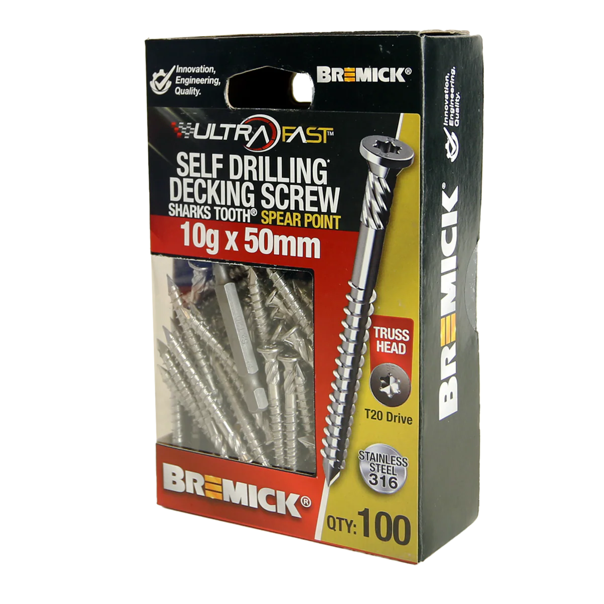 Bremick Ultrafast Stainless Steel 316 T20 Truss Head Screws 100 Pack - 10g x 50mm - Smooth Installation