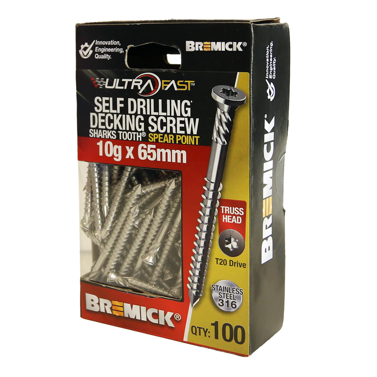 Bremick Ultrafast Stainless Steel 316 T20 Truss Head Screws 100 Pack - 10g x 65mm - Smooth Installation