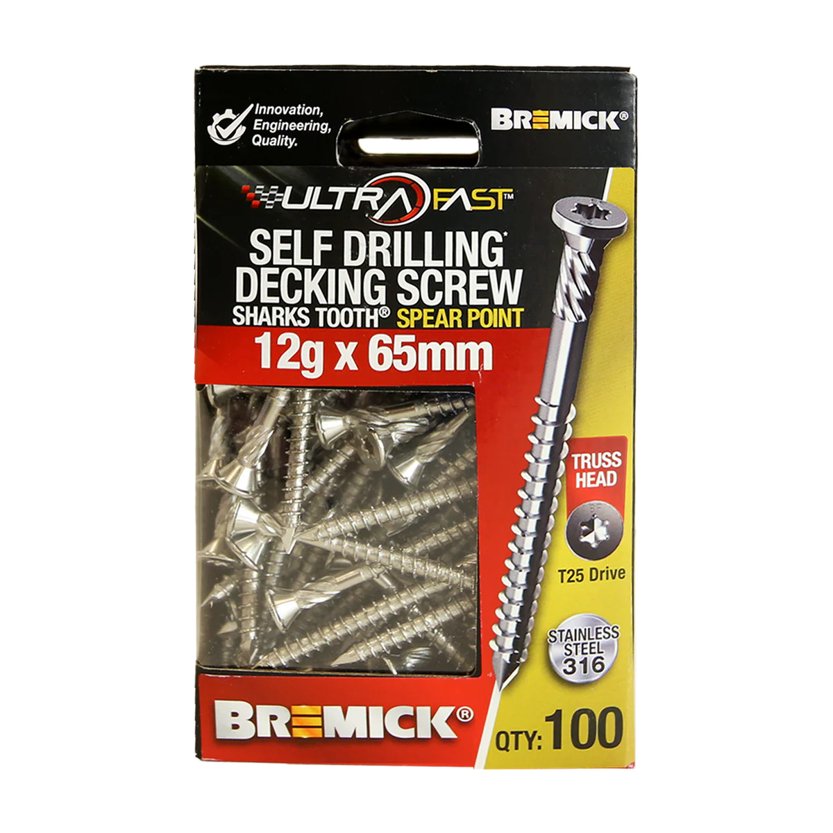 Bremick Ultrafast Stainless Steel 316 T25 Truss Head Screws 100 Pack - 12g x 65mm - Quick Installation - Image 2