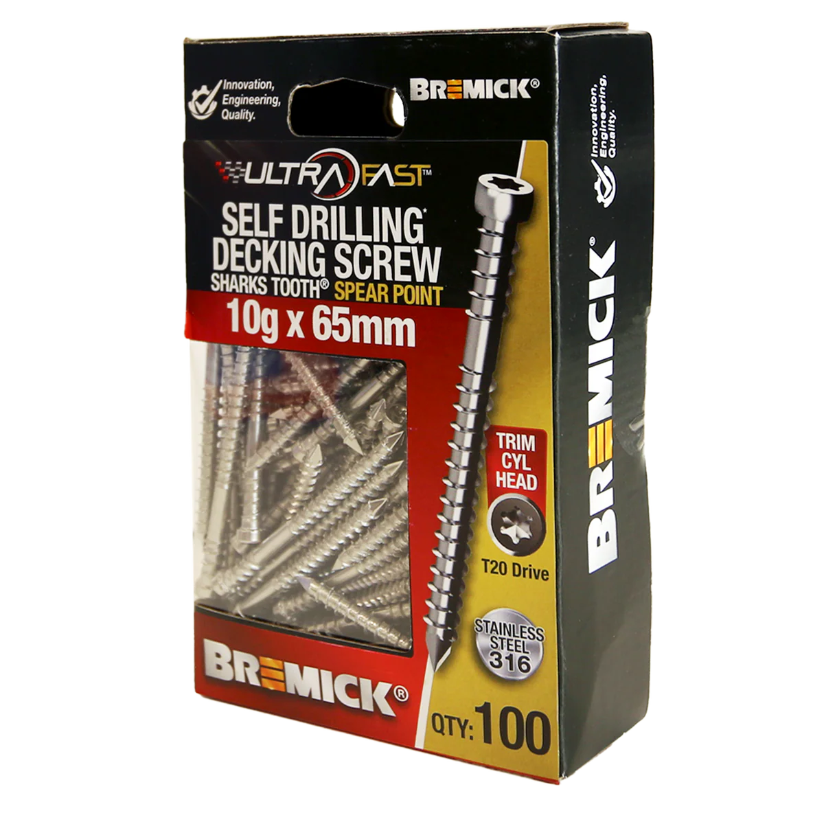 Bremick Ultrafast Trim Head Screws - 10g x 65mm - Stainless Steel 316 - 100 Pack - Quick Installation