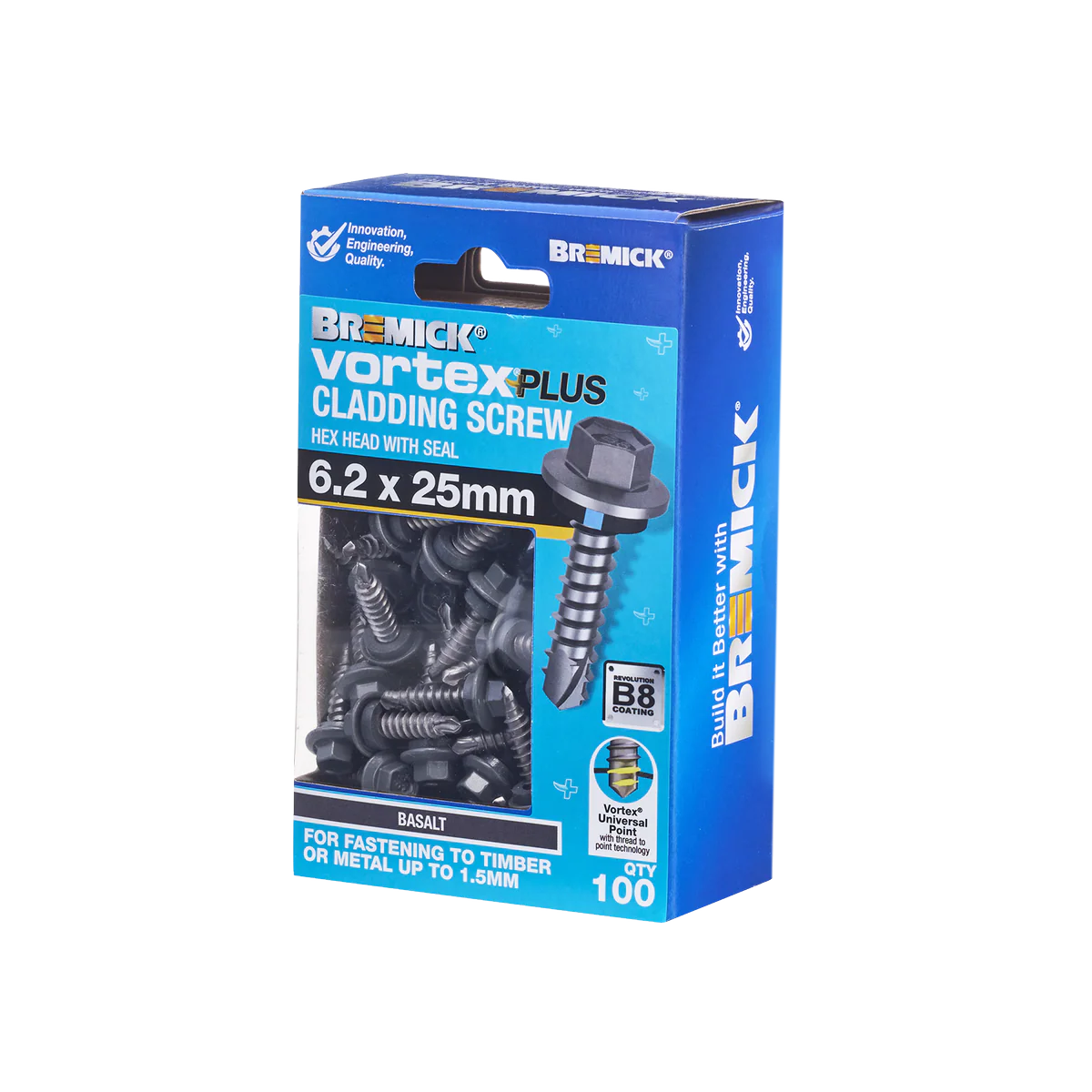Bremick Vortex Plus Cladding Screw 6.2 x 25mm - 100 Pack - Hex Head - B8 Coating