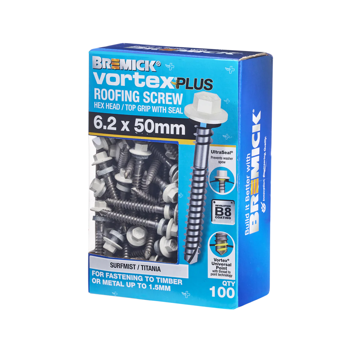 Bremick Vortex Plus Roofing Screw 6.2 x 50mm - Box of 100 - Hex Drive - Watertight Seal