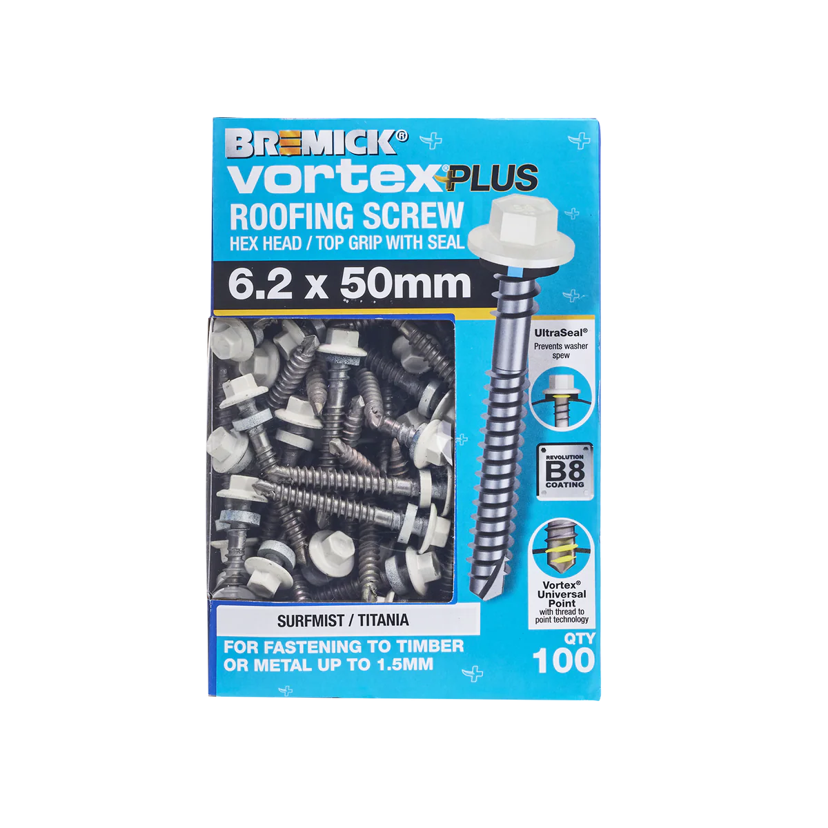 Bremick Vortex Plus Roofing Screw 6.2 x 50mm - Box of 100 - Hex Drive - Watertight Seal - Image 2