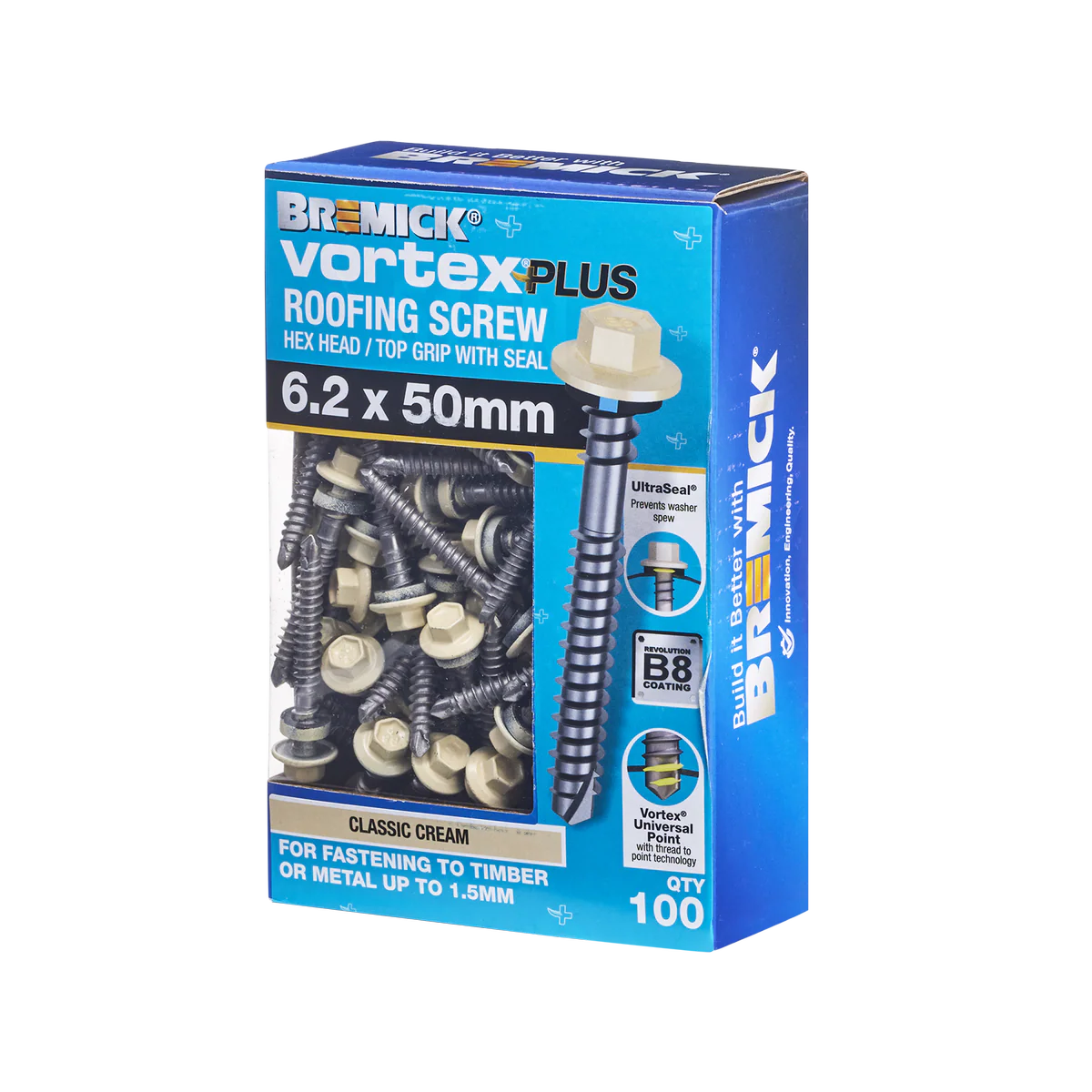 Bremick Vortex Plus Roofing Screw 6.2 x 50mm - Hex B8 - Box of 100 - Watertight Seal - Durable Carbon Steel