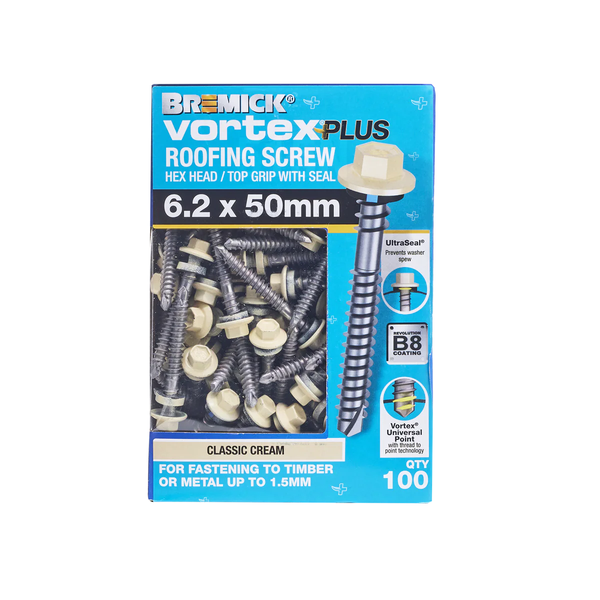 Bremick Vortex Plus Roofing Screw 6.2 x 50mm - Hex B8 - Box of 100 - Watertight Seal - Durable Carbon Steel - Image 2
