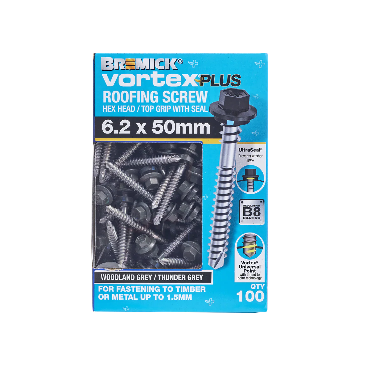Bremick Vortex Plus Roofing Screw 6.2 x 50mm - Hex B8 Coating - Box of 100 - Watertight Connection - Image 2
