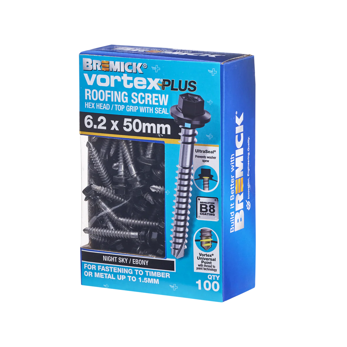 Bremick Vortex Plus Roofing Screw 6.2 x 50mm Hex - Box of 100 - Watertight