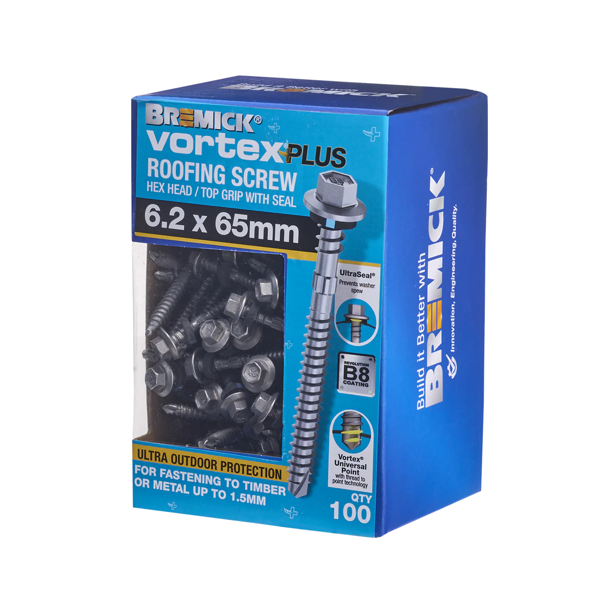 Bremick Vortex Plus Roofing Screw 6.2 x 65mm - 100 Pack - Hex Head - Durable