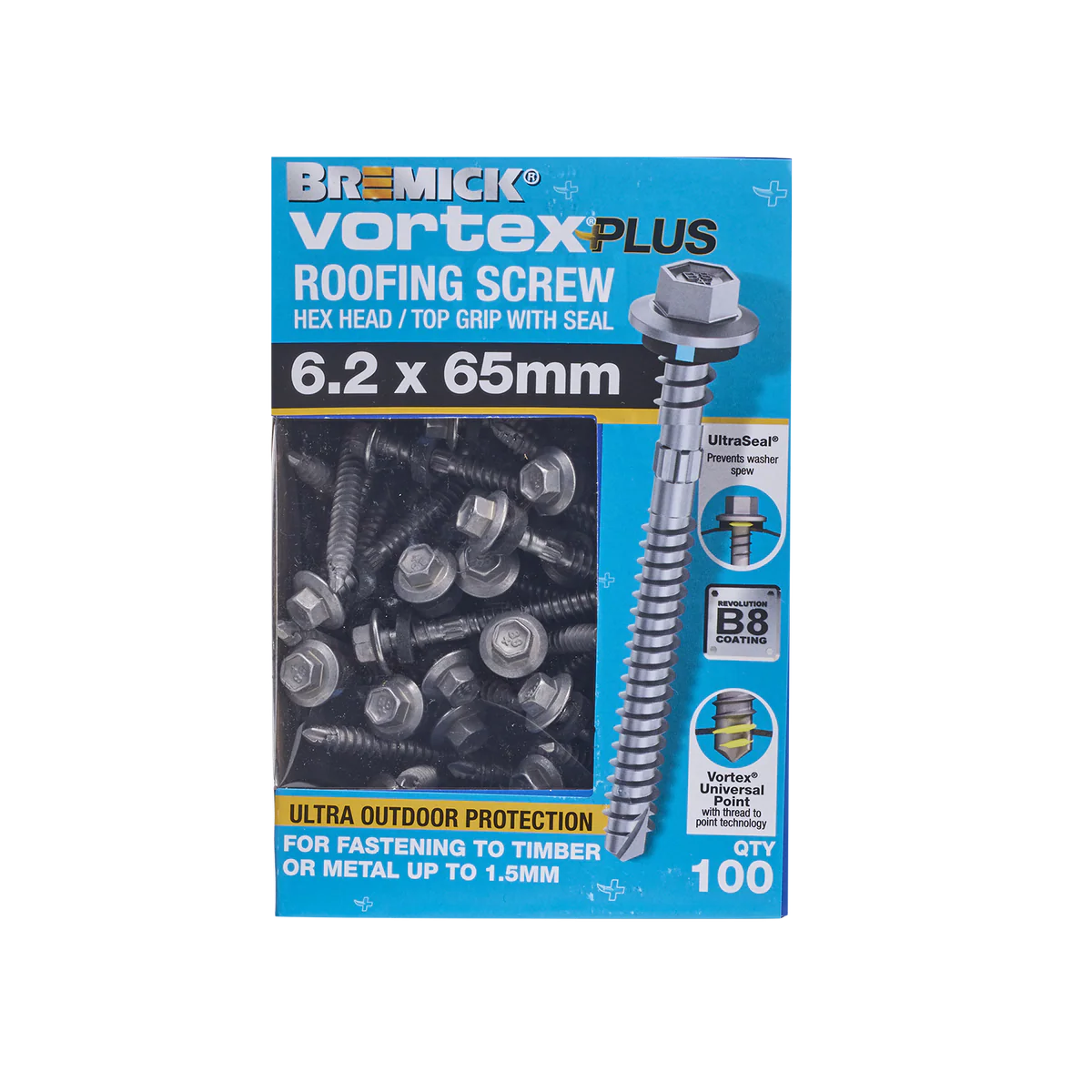 Bremick Vortex Plus Roofing Screw 6.2 x 65mm - 100 Pack - Hex Head - Durable - Image 2