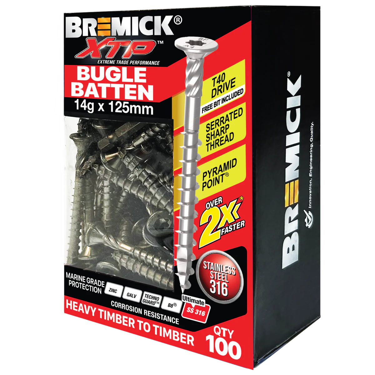 Bremick Xtp Bugle Batten 14g x 125mm T40 Stainless Steel 316 - 100 Pack - Corrosion Resistant