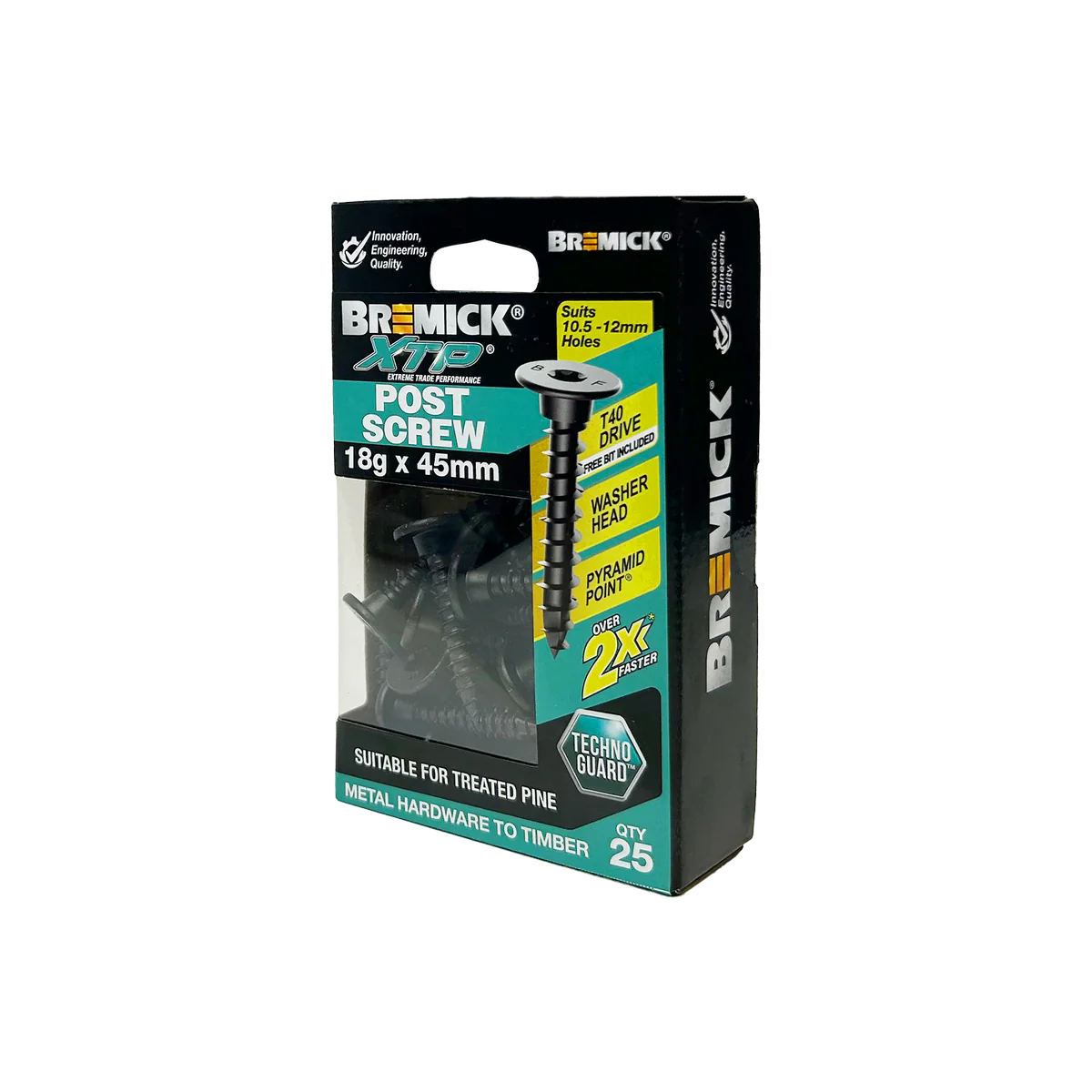 Bremick XTP Post Screw 18g x 45mm - Technoguard Black - 25 Pack - Durable Fastening