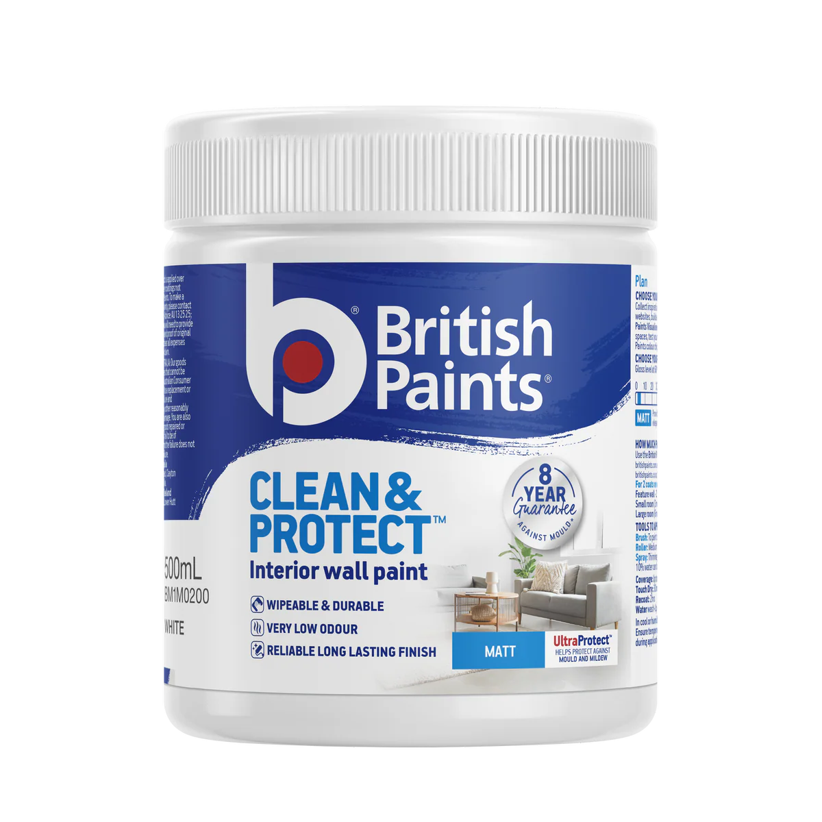 British Paints White Matt Clean and Protect Interior Paint 500ml - Wipeable Finish - 8-Year Mould Guarantee