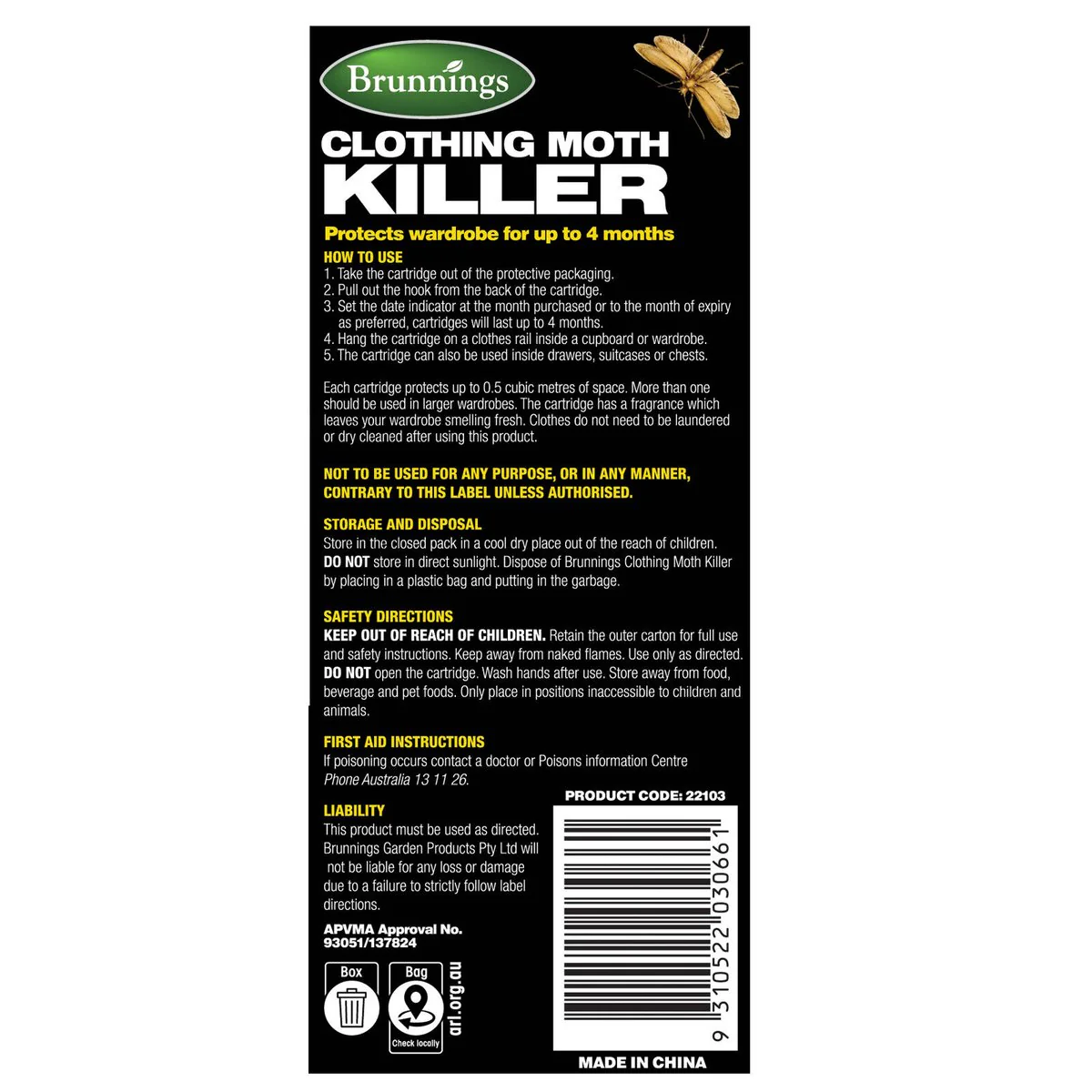 Brunnings Citrus Scented Moth Killer 2 Pack - 61mm x 145mm - Grey - 4 Month Protection - Image 2