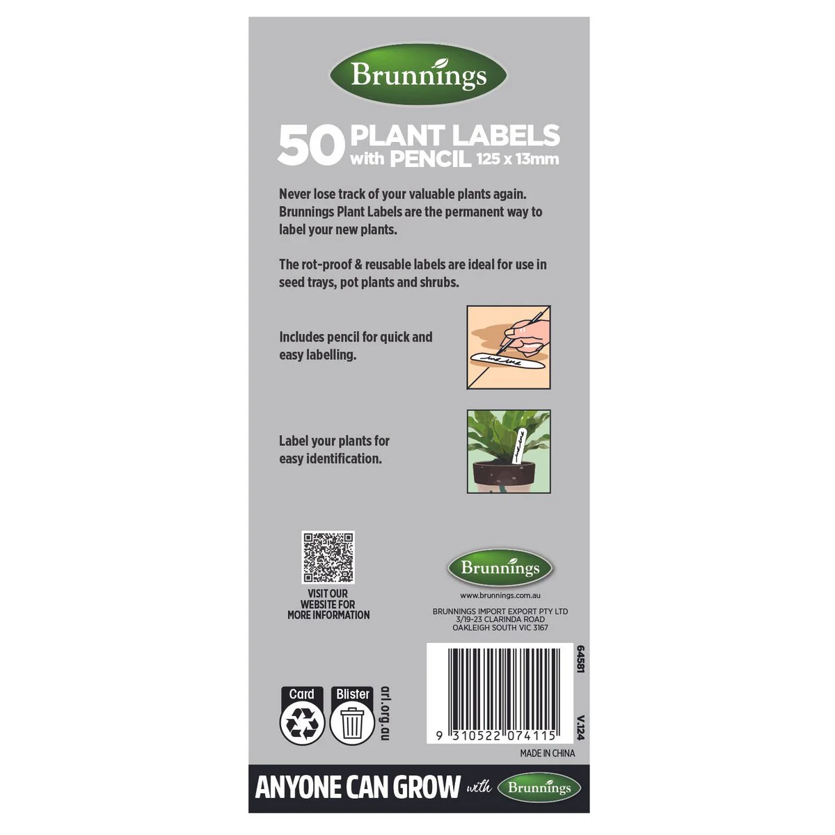 Brunnings Plant Labels with Pencil - 125 x 13mm - 50 Pack - Rot-Proof, Reusable - Image 2