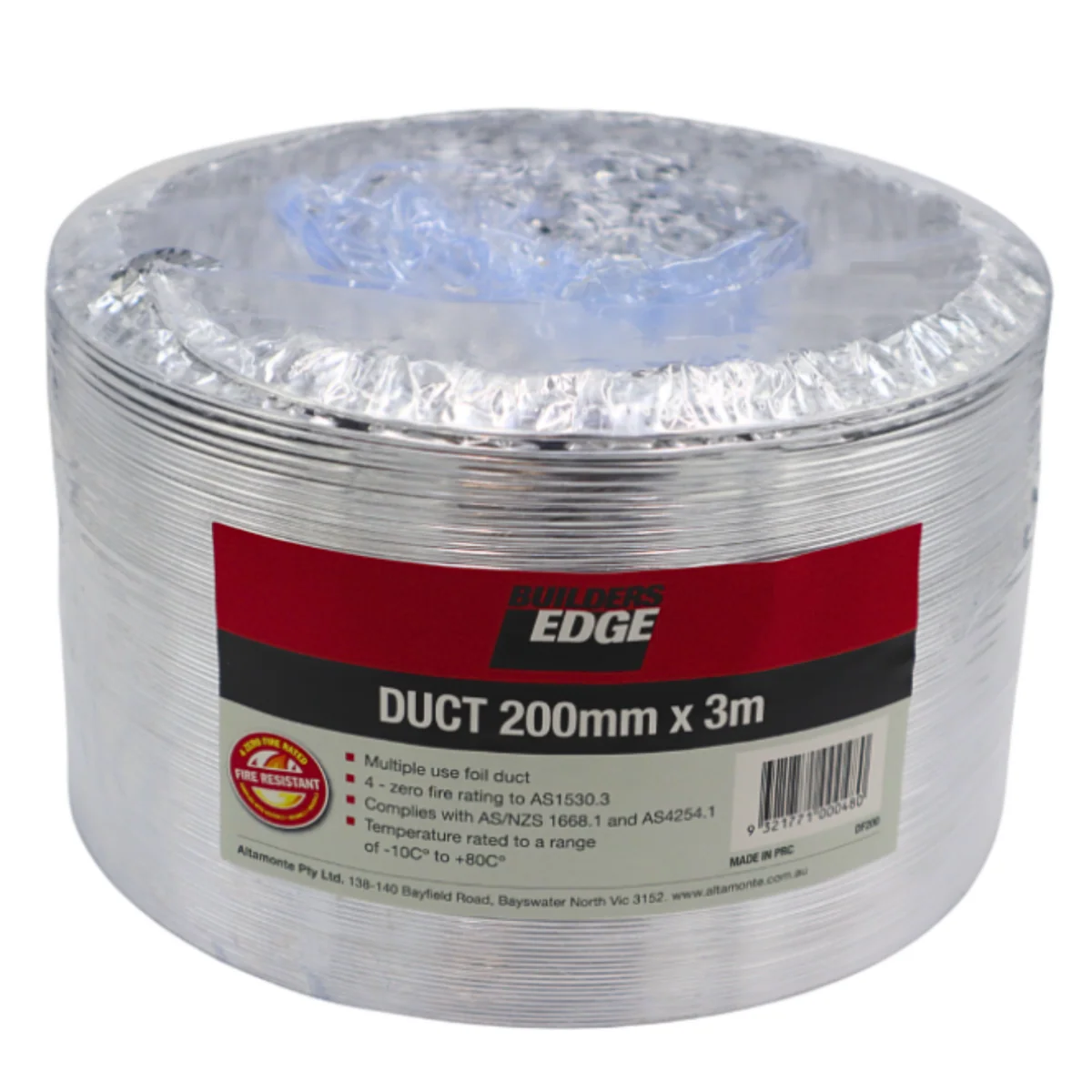Builders Edge Aluminium Foil Duct - 200mm x 3m - Fire Rated