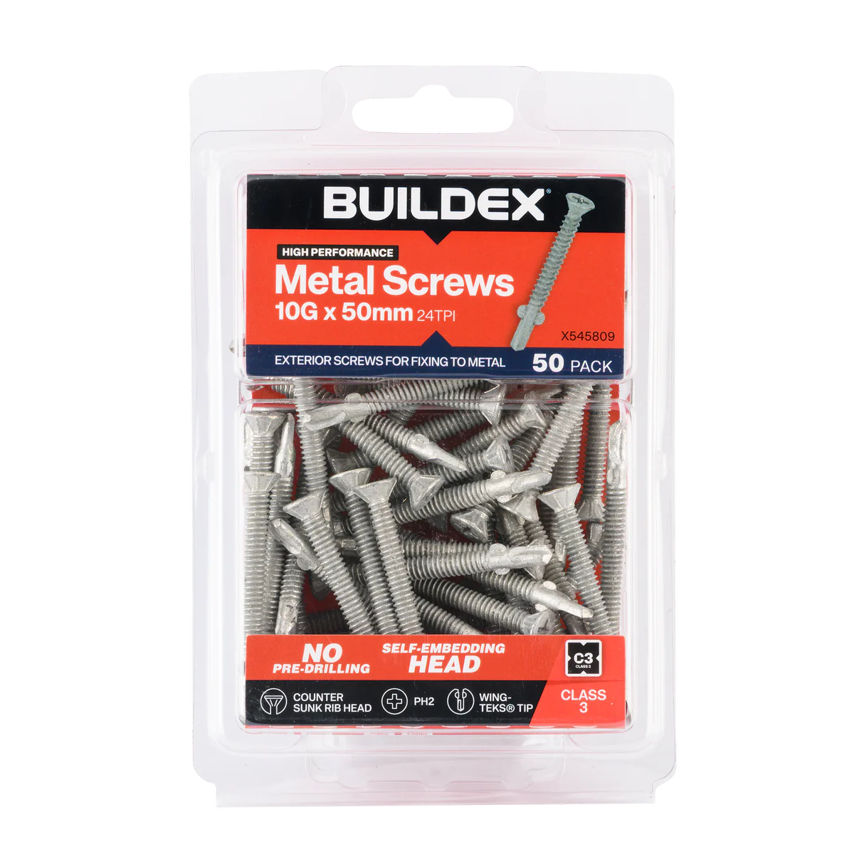 Buildex 10g x 50mm Sheet Metal Screws - Countersunk Rib Head - 50 Pack - Corrosion Resistant - Wing TEKS® Tip