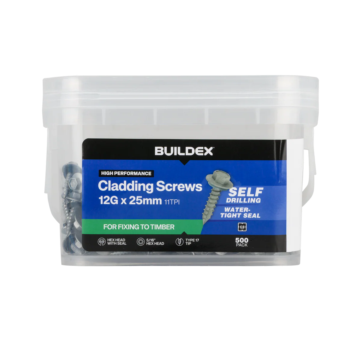 Buildex 12g x 25mm Cladding Screws - 500 Pack - Zinc-Alloy - Corrosion Resistant