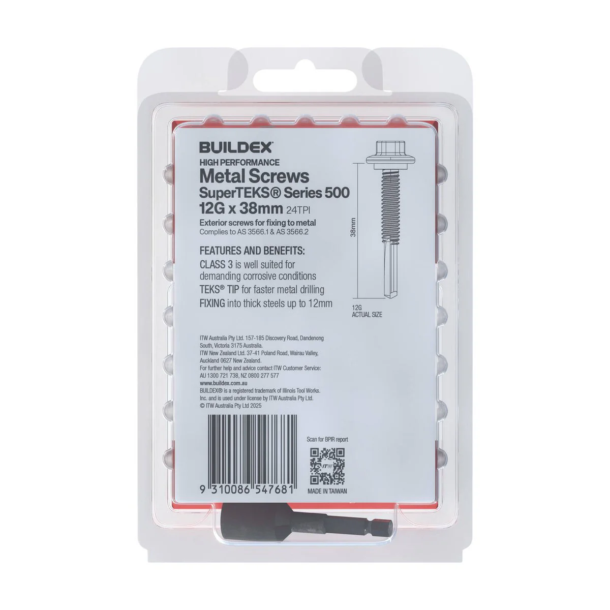Buildex 12g x 38mm Galvanised Superteks Screws - 50 Pack - Self-Drilling - Corrosion Resistant - Image 2