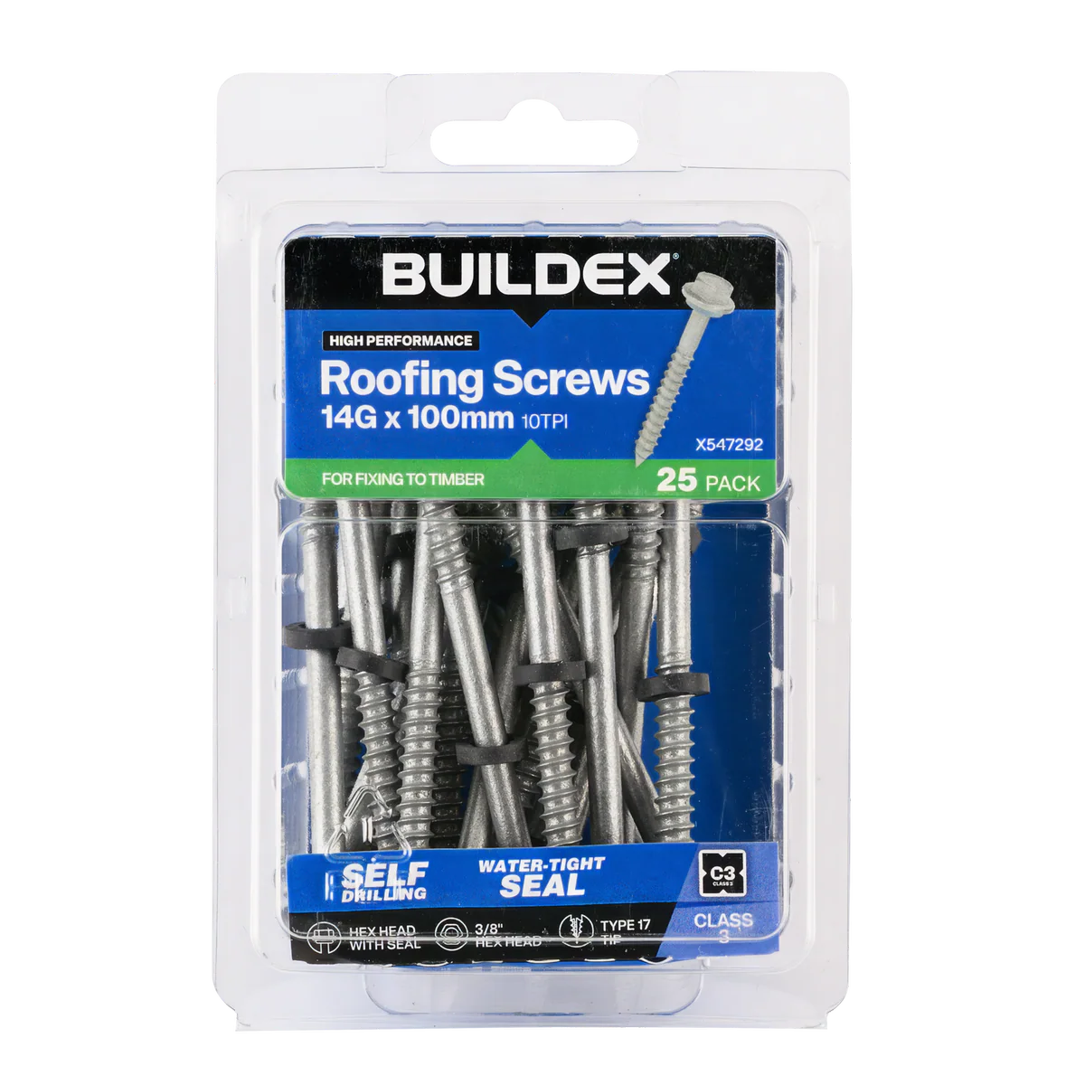 Buildex 14g x 100mm Class 3 Roofing Screws - 25 Pack - Zinc-alloy - Type 17