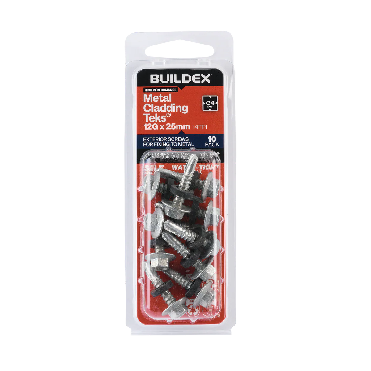 Buildex Cladding Fencing Teks Screws 12g x 25mm - 10 Pack - Self-Drilling - Corrosion Resistant