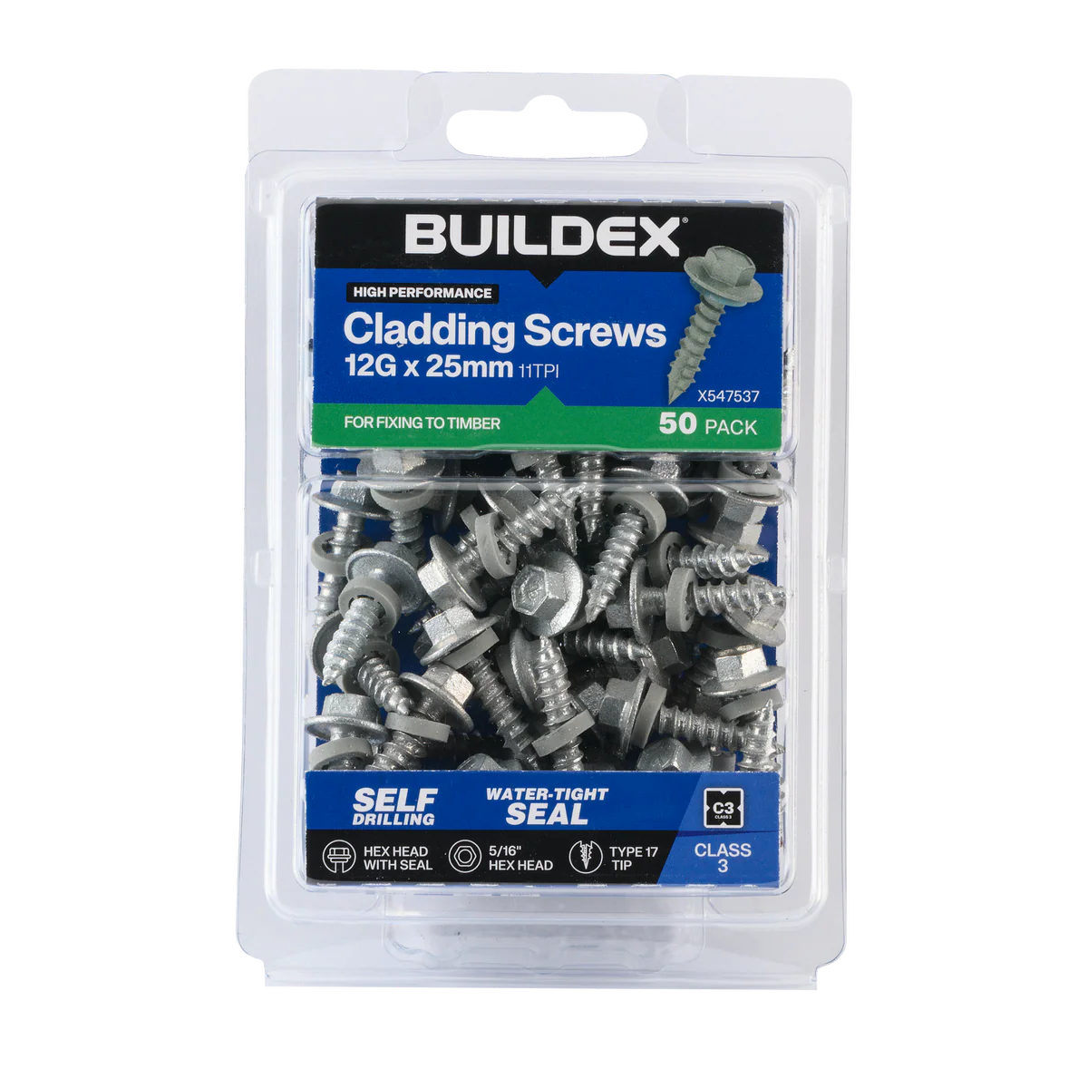 Buildex Cladding Screws 12g x 25mm - 50 Pack - Zinc-Alloy - Corrosion Resistant