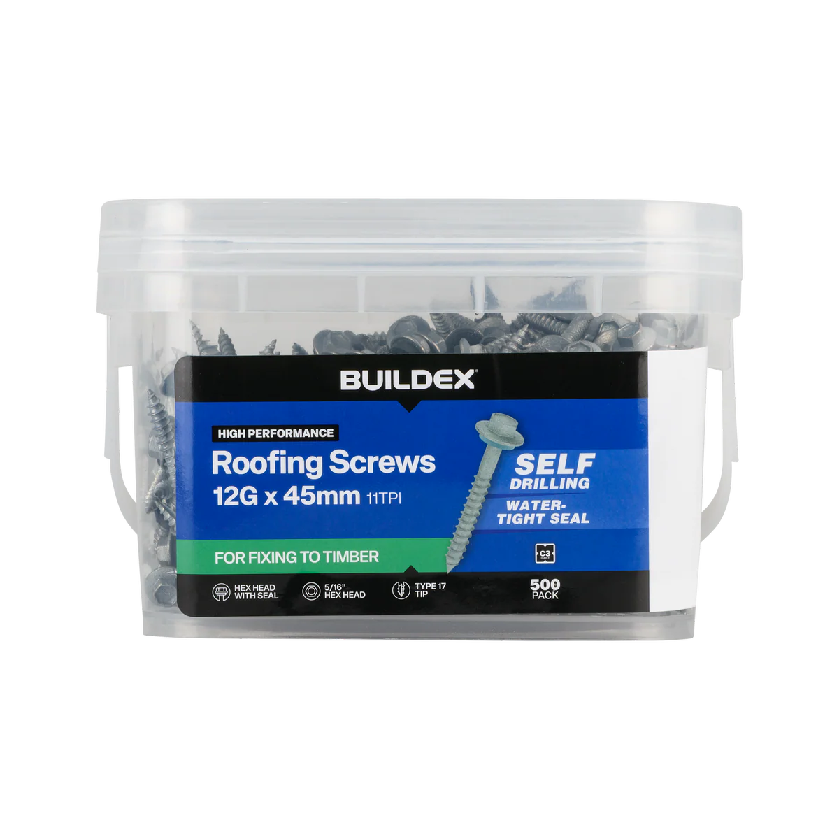 Buildex Cladding Screws 12g x 45mm - 500 Pack - Zinc-Alloy - Class 3 Corrosion Protection