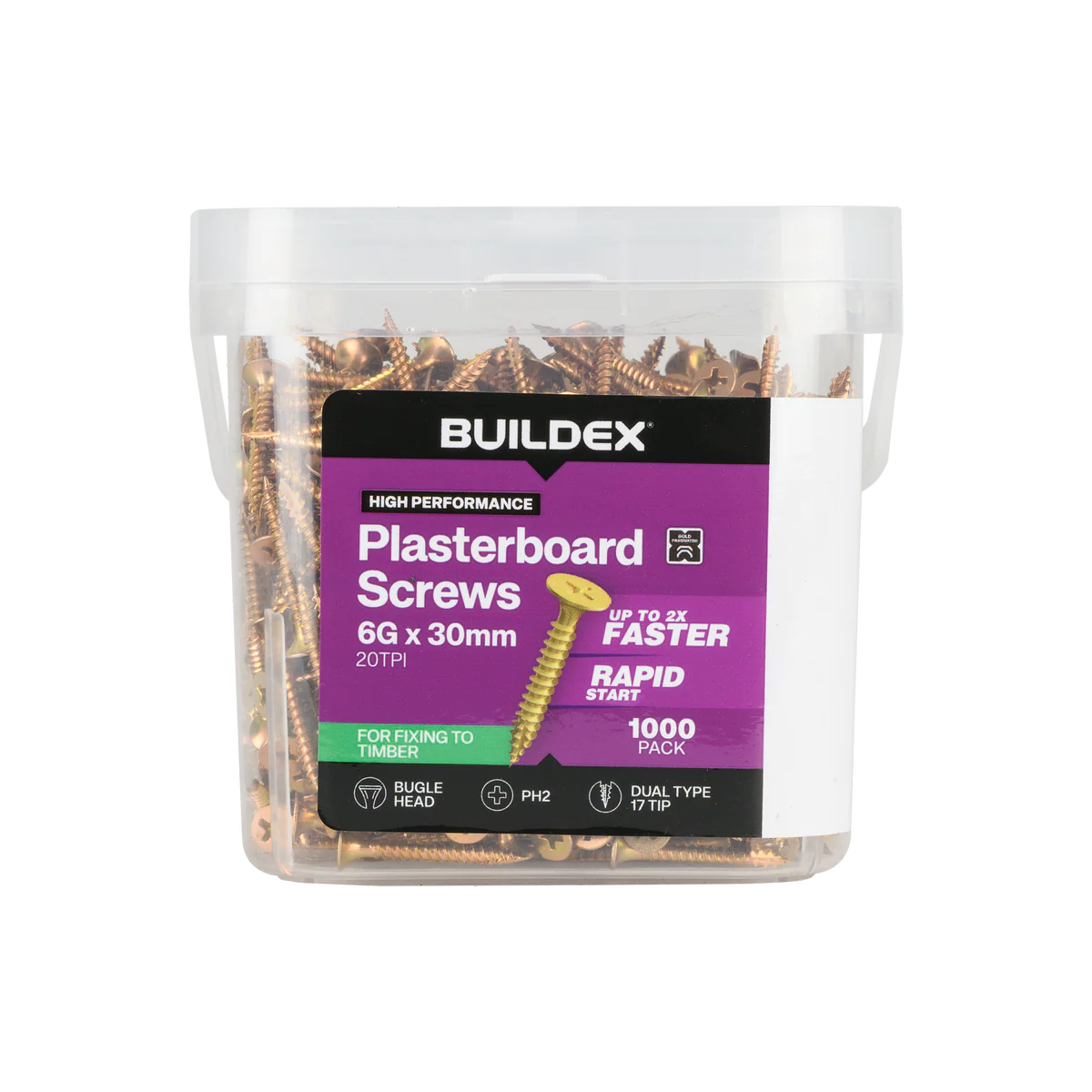 Buildex Plasterboard Screws - 6g x 30mm - Gold Passivated - 1000 Pack - Corrosion Resistant