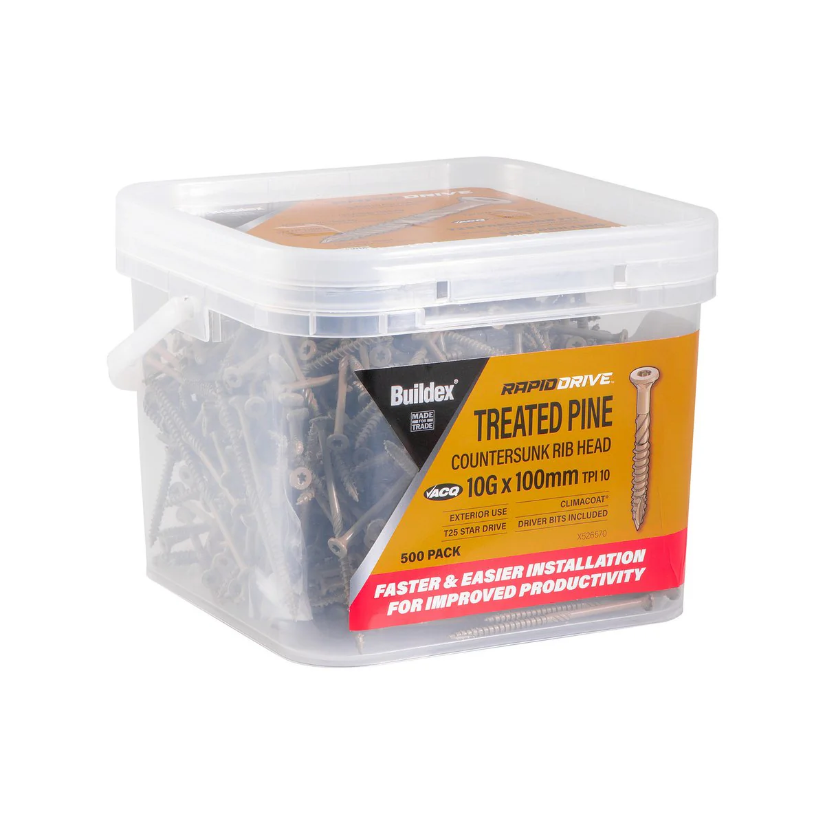Buildex Rapiddrive Treated Pine Screws 10g x 100mm - Box of 500 - Fast Bite Point - Serrated Cutting Ribs - Climacoat Finish - Image 2